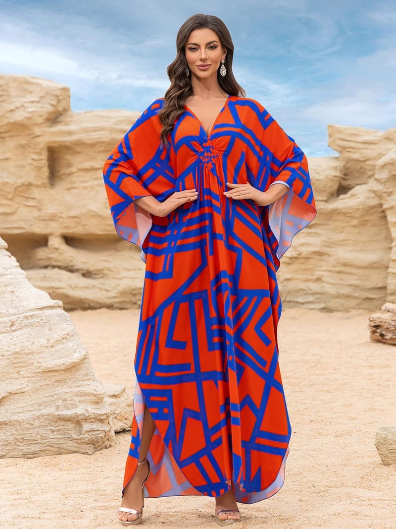 KEYLORTING Women’s Kaftan Beach Cover Up Dress Plus Size Summer Swimsuit Loungewear Maxi Dress - Image 2